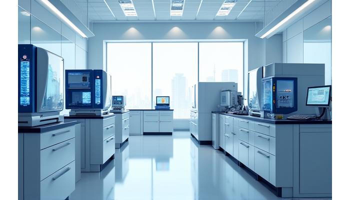 最新の品質検査装置が並ぶクリーンなラボの様子
